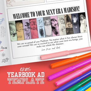 May include: A yearbook ad template with the text "WELCOME TO YOUR NEXT ERA MADISON!" and "YEARBOOK AD TEMPLATE." The ad features a series of photos of a person at different ages. Colorful markers are in the foreground.