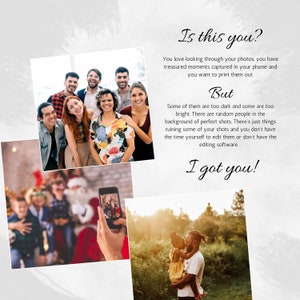 May include: A promotional graphic featuring three photographs of people and text that reads: Is this you? You love looking through your photos, you have treasured moments captured in your phone and you want to print them out. But... I got you!