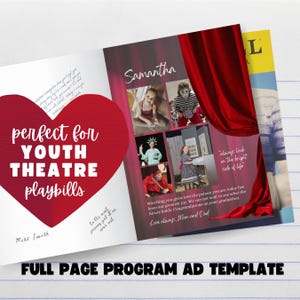 Pode incluir: Um modelo de anúncio de programa de página inteira para programas de teatro juvenil. O design apresenta um coração vermelho com o texto "perfect for youth theatre playbills". O lado direito tem fotos e texto, com um design de cortina vermelha.