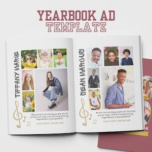 May include: Open yearbook template with photos and text. The title "YEARBOOK AD TEMPLATE" is at the top. The left page has photos of Tiffany Marie, and the right page has photos of Dean Marcus. Text includes "LOVE ALWAYS MOM AND DAD".