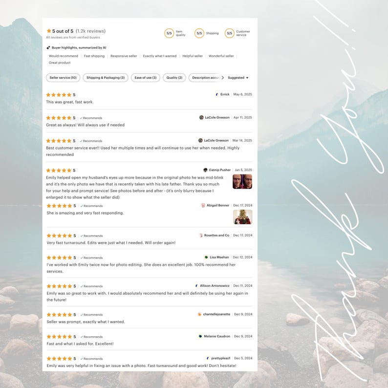 May include: A digital display of customer reviews for a service, featuring a five-star rating average from 1.2k reviews. The interface includes buyer highlights, individual feedback entries with dates, and the handwritten-style text Thank You.