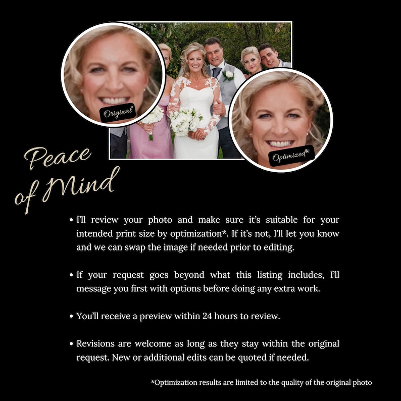 May include: A black graphic display featuring the text Peace of Mind and a list of photo editing services. Two circular insets show a comparison between an original and an optimized portrait of a blonde individual, alongside a wedding party photo.