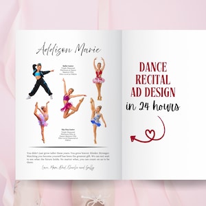 Könnte beinhalten: Ein Tanzaufführung-Anzeigendesign in 24 Stunden. Das Bild zeigt ein Layout mit Fotos von jungen Tänzern in farbenfrohen Kostümen. Der Text enthält "Addison Marie" und "Dance Recital Ad Design in 24 hours".