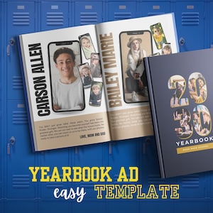 May include: An open yearbook ad template with two pages featuring student photos in smartphone-like frames. The cover of the yearbook is visible, with the text "2020" and "Yearbook" in gold. The ad is against a blue locker background.
