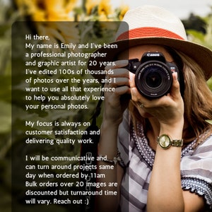 May include: A black Canon DSLR camera with a lens, held by a person wearing a straw hat with a red band and a striped shirt. Text overlay reads: Hi there, My name is Emily and I've been a professional photographer and graphic artist for 20 years.