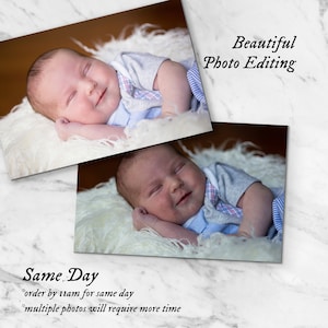 May include: Two photographs of a sleeping infant resting on a white faux fur blanket. The infant wears a grey and blue shirt with a plaid collar. Text reads: Beautiful Photo Editing, Same Day, order by 11am for same day, multiple photos will require more time.