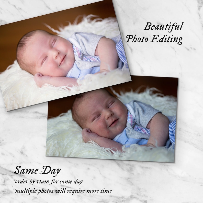 May include: Two photographs of a sleeping infant resting on a white faux fur blanket. The infant wears a grey and blue shirt with a plaid collar. Text reads: Beautiful Photo Editing, Same Day, order by 11am for same day, multiple photos will require more time.