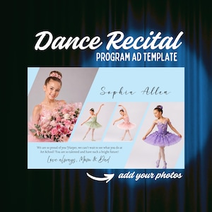 Puede incluir: Una plantilla de anuncio de programa de recital de baile con las palabras "Dance Recital" y "Program Ad Template" en escritura blanca. El anuncio presenta fotos de jóvenes bailarinas en tutús coloridos y el texto "Sophia Allen".