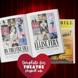 May include: Open playbill template with a red heart-shaped graphic that reads "template for THEATRE playbill ads." The playbill features photos of performers and text that reads "HS THEATRE ERA" and "ELLISE FERN THE THEATRE KID ERA."