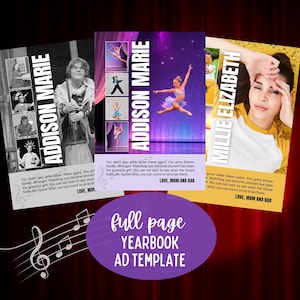 May include: A yearbook ad template with three portrait layouts. The layouts feature photos of individuals with their names in vertical text. The template includes the text "full page YEARBOOK AD TEMPLATE" in a purple oval.