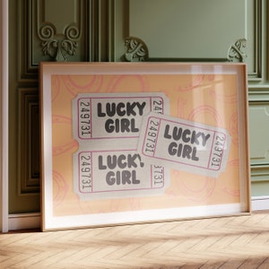 Horizontale Lucky Girl Fair Ticket Wand Kunst Dopamin Dekor Digital Download Orange Dekor Hufeisen Druck | Hübsches pinkes Mädchenzimmer Poster