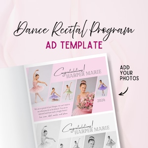 Puede incluir: Una plantilla de programa de recital de baile rosa y blanco con el texto "Dance Recital Program" y "AD TEMPLATE". El programa incluye fotos de jóvenes bailarines y el texto "Congratulations! HARPER MARIE".