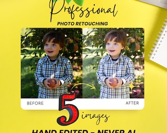 Puede incluir: Un gráfico digital sobre fondo amarillo con el texto Professional PHOTO RETOUCHING y 5 images HAND EDITED - NEVER AI. Muestra una comparación de antes y después de un niño con camisa de cuadros sosteniendo una manzana en un huerto.