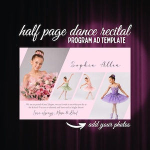 Ballet Pink Dance Recital Program Ad Template Canva, Yearbook | Delicate Editable Dance Team Shout Out | Cheer Banquet Tribute Photo Collage