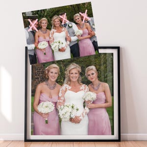 May include: A framed photograph featuring three individuals in wedding attire. The center individual wears a white long-sleeved gown with lace details, while the two individuals on either side wear strapless mauve dresses and beaded necklaces.