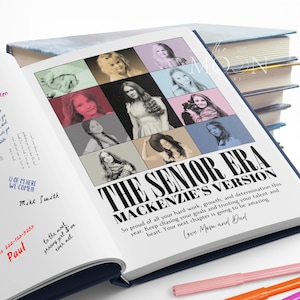 May include: Open notebook with a collage of photos and text. The title "THE SENIOR ERA" is displayed prominently. The text reads "MACKENZIE'S VERSION" and includes a message from "Love Mom and Dad."
