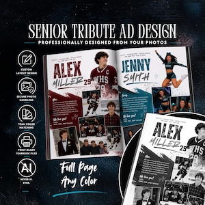 May include: A senior tribute ad design template featuring a two-page yearbook layout with photos of two individuals, Alex Miller and Jenny Smith. The design includes text, sports imagery, and cheerleading photos with custom color schemes and layouts.