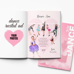 Op de afbeelding: Een dansrecitaladvertentie met een roze hart en de woorden "YOUR PHOTOS". De rechterpagina toont een fotoalbum met de naam "Harper Ann" en foto's van dansers. Een roze brochure staat rechts.