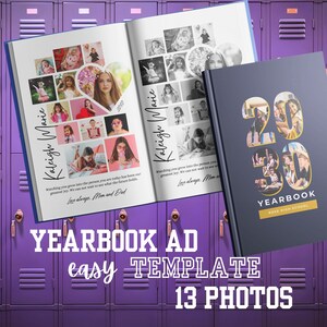 May include: A yearbook ad template with a navy blue cover and a spread featuring photos. The cover displays the text "2020 Yearbook" and "Rose High School." The open pages showcase a collage of photos and the name "Kaleigh Marie."