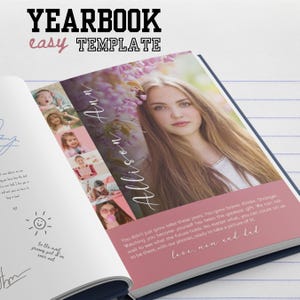 Pode incluir: Modelo de anuário aberto com o texto "YEARBOOK easy TEMPLATE". A capa apresenta uma foto de uma jovem, o nome "Allison Ann" e uma colagem de fotos. A página interna tem notas manuscritas.