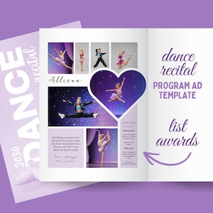Può includere: Un modello di annuncio per il programma di un recital di danza, con uno schema di colori viola e bianco. Il layout include foto di ballerini, il testo "dance recital" e "PROGRAM AD TEMPLATE". È visibile anche il testo "Allison".