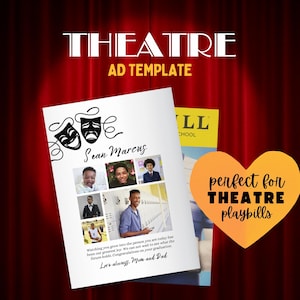 May include: A white theatre ad template with the word "THEATRE" at the top. The ad features photos of a young man named Sean Marcus. The text reads "perfect for THEATRE playbills."