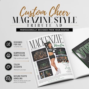 以下が含まれることがあります： Custom Cheer MAGAZINE STYLE TRIBUTE ADというテキストが記載されたチアリーダー雑誌風の広告テンプレート。チアリーダーの写真コラージュ、チーム写真、名前やシーズン、メッセージ用のテキストフィールドが含まれています。