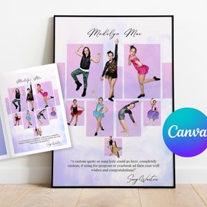 Puede incluir: Un collage de fotos de una joven bailarina en varias poses. Las fotos están dispuestas en una cuadrícula sobre un fondo rosa y morado. La bailarina lleva diferentes atuendos de baile, incluyendo una chaqueta negra, una blusa de estampado de leopardo y un tutú rosa. El texto "Madelyn Mae" está escrito en la parte superior del collage. El texto "A custom quote or song lyric could go here, completely custom, if using for program or yearbook ad then your well wishes and congratulations!" está escrito en la parte inferior del collage.