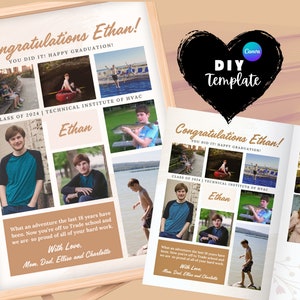 May include: A graduation announcement for Ethan, featuring a collage of photos and the text "Congratulations Ethan! You did it! Happy Graduation!"  Class of 2024 | Technical Institute of HVAC.  What an adventure the last 18 years have been. Now you're off to Trade school and we are so proud of all of your hard work. With Love. Mom, Dad, Ellise and Charlotte.