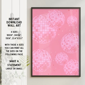 Diskokugel Preppy Wand Kunst Digitaldruck Instant Download Spiegelball WallArt | Dopamin Disco Balls pink Orange druckbare Poster zum Aufhängen