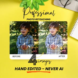 May include: A professional photo retouching service advertisement on a yellow background. It displays a before and after comparison of a child in a plaid shirt holding a fruit, with text stating 4 images, hand edited, and never AI.