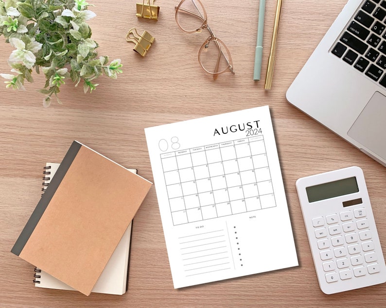 Minimalist 2024 Calendar, Printable Monthly Calendar 2024, A4, A3