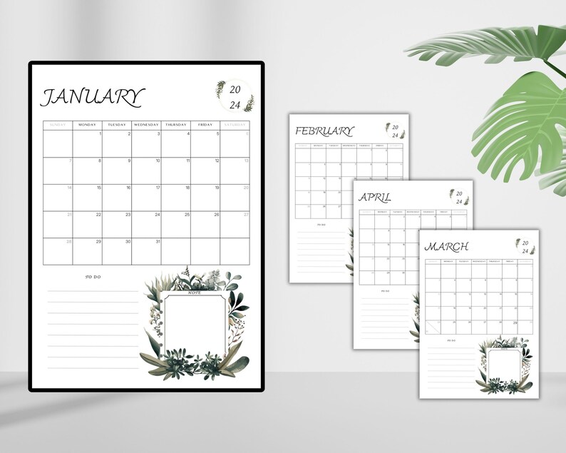 Floral Minimalist 2024 Calendar, Printable Monthly Calendar 2024, A4 ...