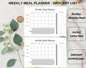 Weekly Meal Planner with Grocery List Printable Template, Digital Meal Planner, Family Meal Planner, A4/A5/Letter Size