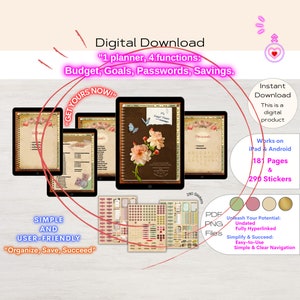 Vintage Digital Budget Planner Finance Tracker Digital Finance Planner Goodnotes Notability Samsung Notes Noteshelf Monthly Planner stickers