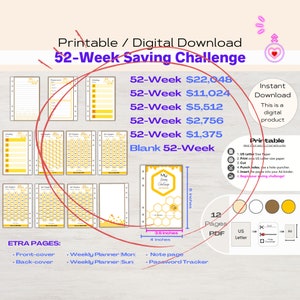 52 week Money Savings Challenge Savings Challenge Trackers Pintables Savings Tracker Challenge Bundle Money Saving Challenge Printable