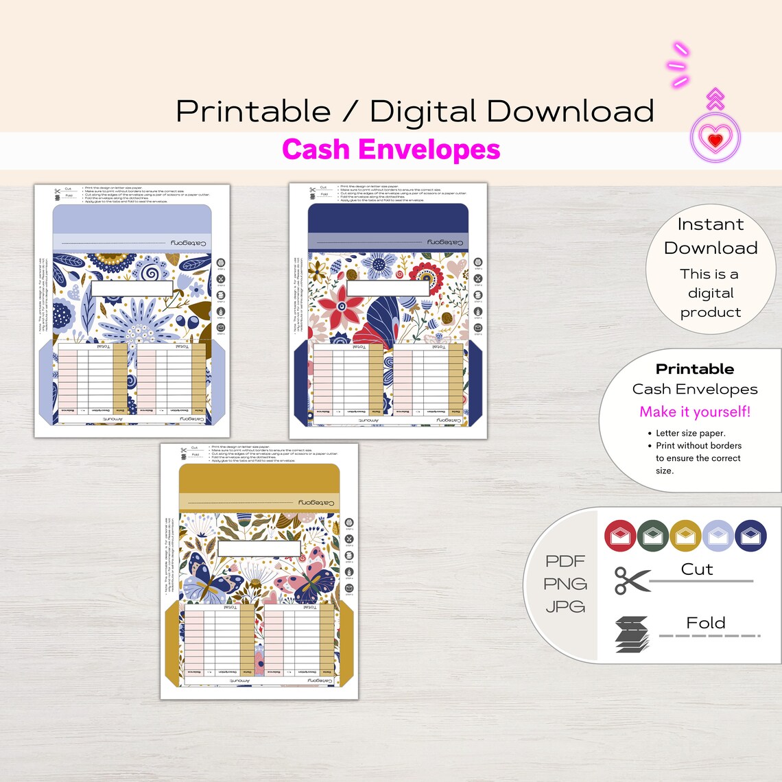 Printable Cash Envelope With Expense Tracker Set of 5 Digital Downloads ...