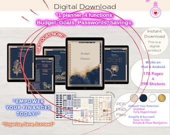 May include: Digital download of a planner with four sections: budget, goals, passwords, and savings. The planner has a blue and gold design with floral accents. It includes 178 pages and 290 stickers. The text "Get Yours Now!" is in a red circle.