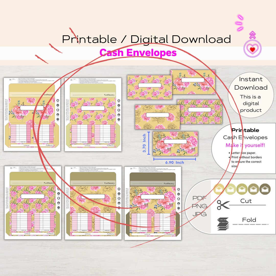 Pink Roses Printable Cash Envelopes Expense Tracker 3X6 Inch Printable ...