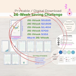 26-Wochen-Einsparungs-Challenge Anpassbarer 26-Wochen-Einsparungs-Challenge-Tracker | Größe A6 | PDF Herunterladen | Geld-Spar-Bundle