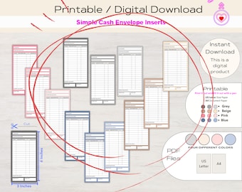 Puede incluir: Insertos de sobre de efectivo imprimibles en cuatro colores diferentes: gris, beige, rosa y azul. Los insertos están diseñados para los tamaños de papel US Letter y A4. La imagen muestra un producto de descarga digital.