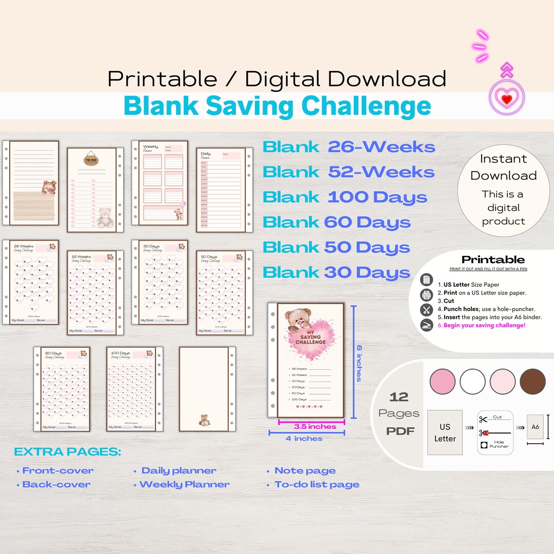 Blank Saving Challenges Printable Savings Challenge Bundle of - Etsy