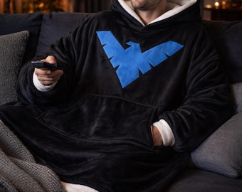 Nightwing Inspired Hooded Blanket, Oversized Sherpa Wearable Blanket, Gotham Night Ops Cozy Gift for Him, DC Fandom Blanket Batman Hoodie
