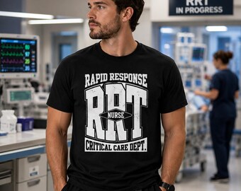 May include: A black short-sleeved t-shirt featuring white distressed text that reads RAPID RESPONSE RRT NURSE CRITICAL CARE DEPT. The design is centered on the chest with large block lettering and a diamond shape surrounding the word NURSE.