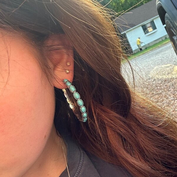 Western Turquoise Silver Open Hoop Cowgirl  Earrings