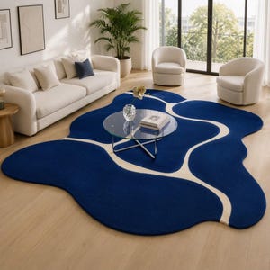 Hand Tufted Navy Blue Abstract Area Rug with Organic Wave Pattern, Handmade Soft Texture Carpet for Modern Living Room and Luxury Home Décor