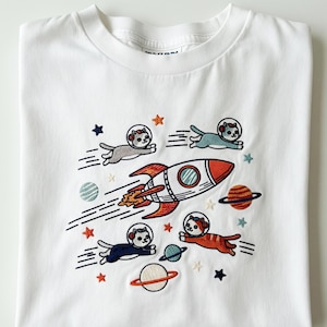 Space Cats Embroidered Sweatshirt – Astronaut Kittens and Rocket White Pullover