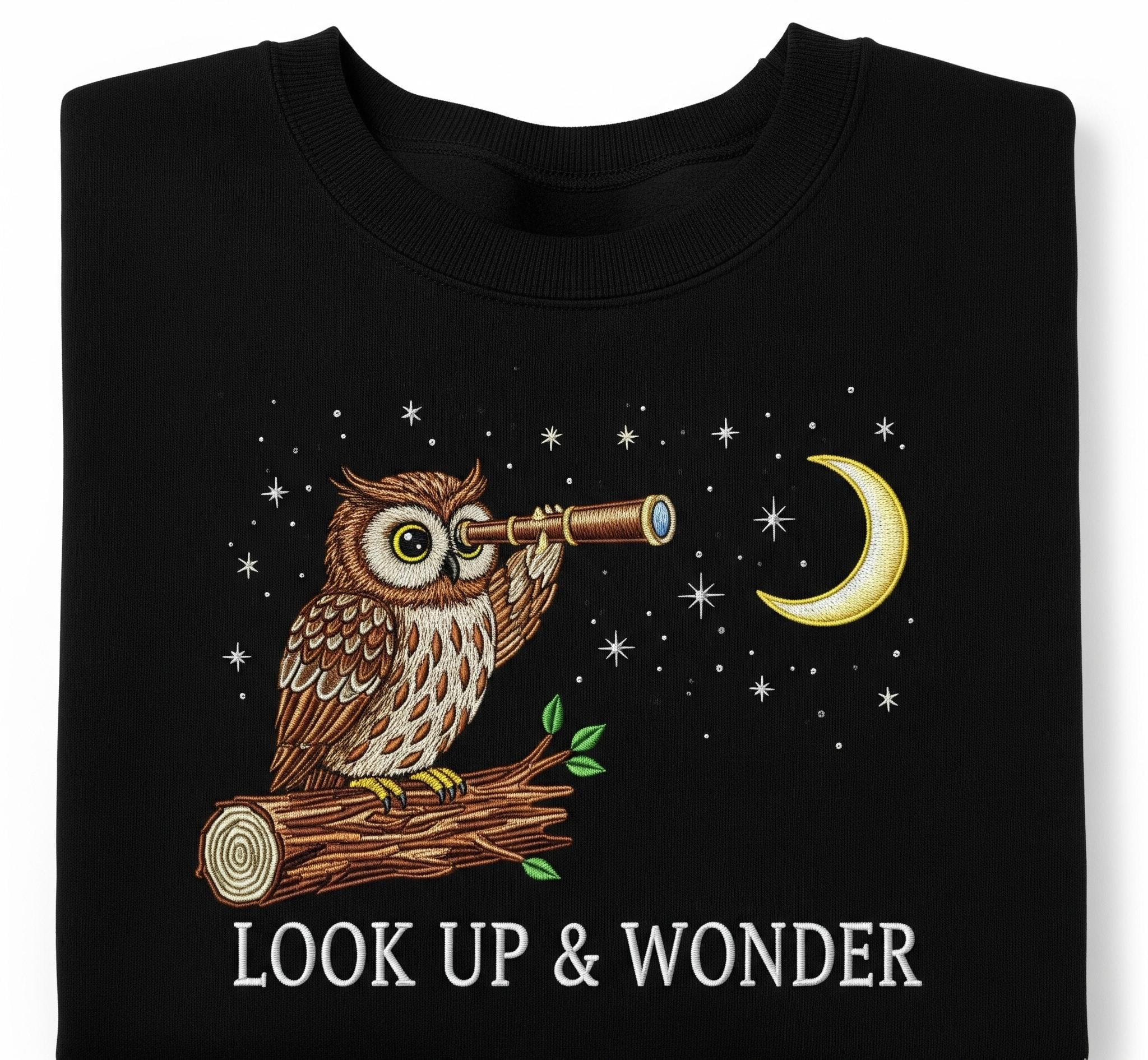 Embroidered Owl Sweatshirt Look Up and Wonder Night Sky Starry Moon Cozy Fall Pullover Gift