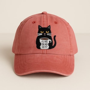 Funny Black Cat Embroidered Hat | Is He Dead Yet? Coffee Cat Cap | Sarcastic Cat Dad Hat | Washed Red Baseball Cap