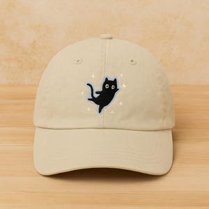 Floating Cat Embroidered Hat – Cute Black Cat Baseball Cap, Minimalist Kawaii Cat Gift, Aesthetic Embroidered Cap